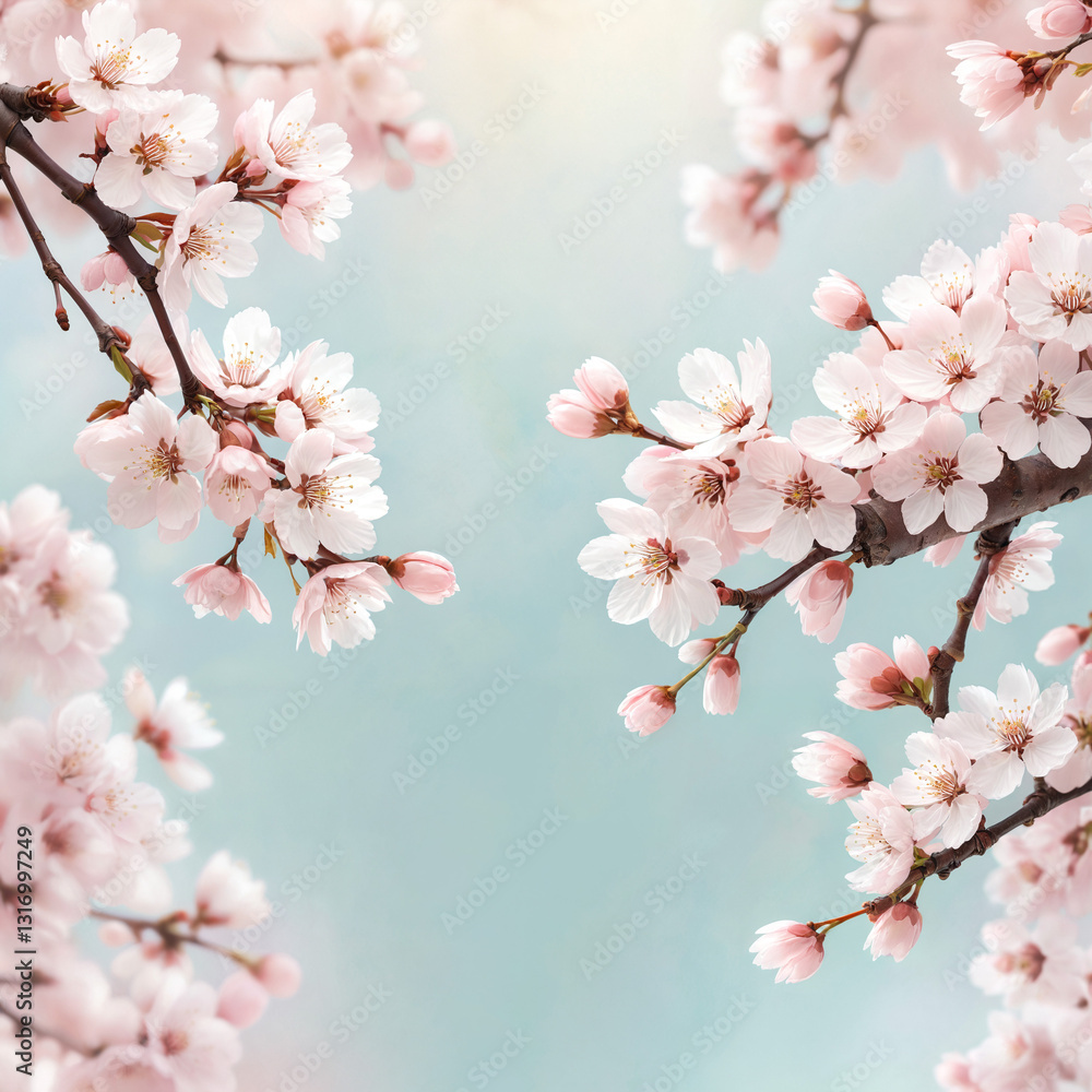 Cherry Blossom Branches in Soft Focus: Pastel Pink Flowers Against a Pastel Blue Background Cherry Blossom Branches in Soft Focus: Pastel Pink Flowers Against a Pastel Blue Background