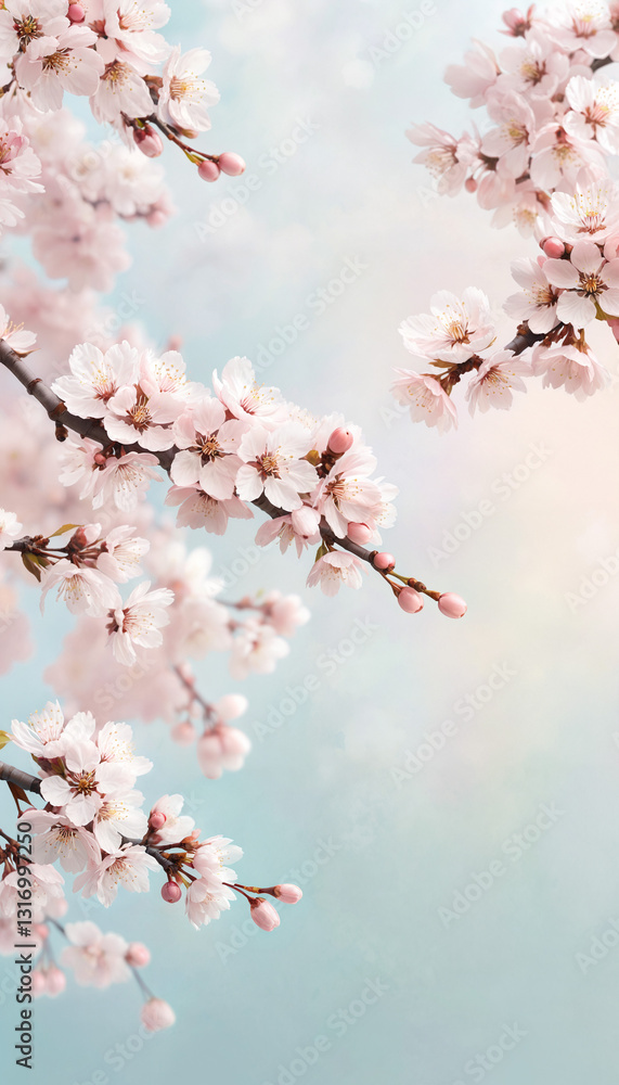 Fototapeta premium Spring Blossoms: Soft Pastel Cherry Blossom Branches on a Light Blue Background