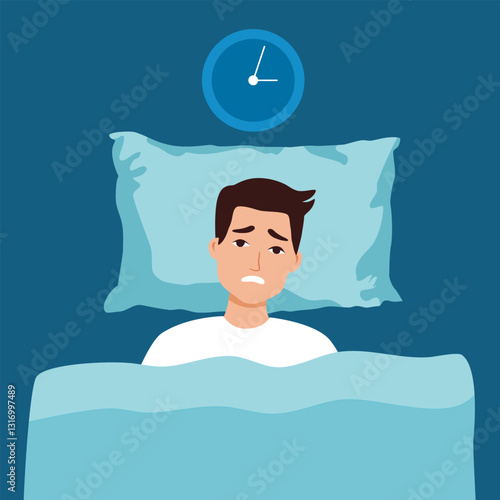 Unhappy tired man lying in bed suffer from insomnia use cellphone device. Upset exhausted guy struggle on sleepless night brose smartphone. Sleeping problem concept. Vector illustration