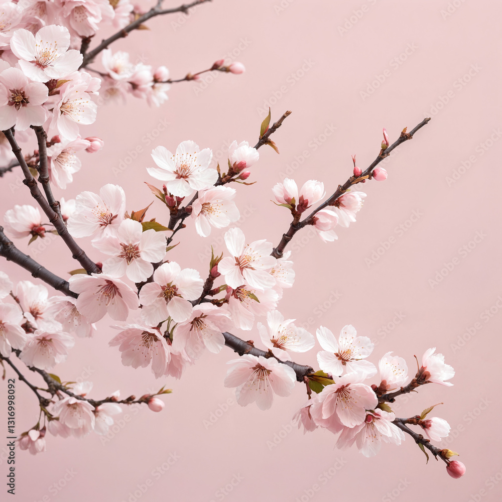 Cherry Blossom Branches in Full Bloom on Soft Pink Background Cherry Blossom Branches in Full Bloom on Soft Pink Background