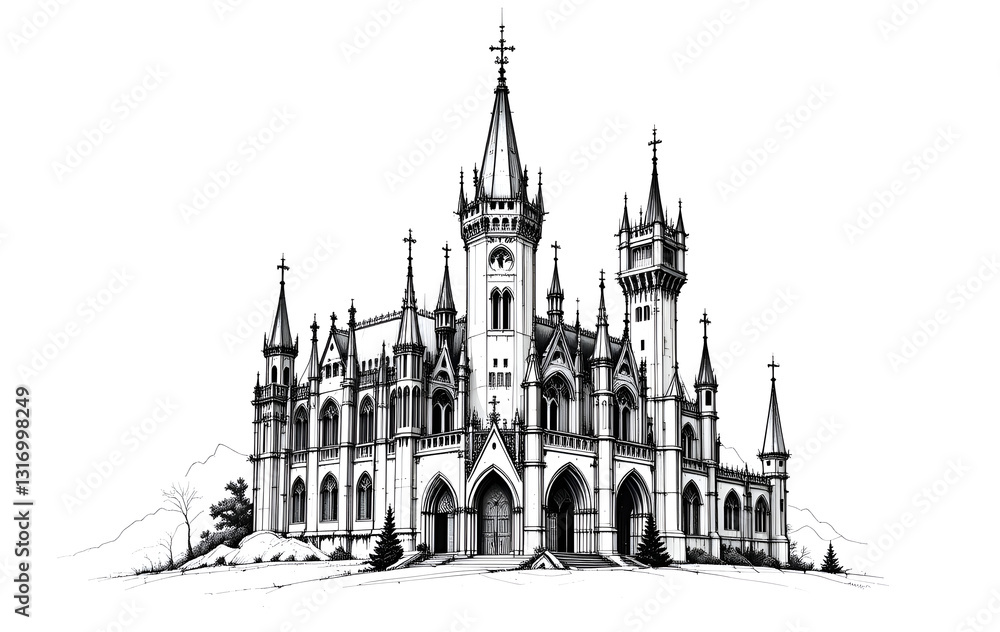 Fototapeta premium Castle Ruins Sketch, Ancient Architecture Drawing