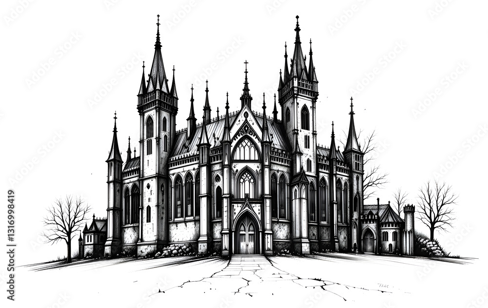 Fototapeta premium Majestic Fairytale Castle Sketch on White Background