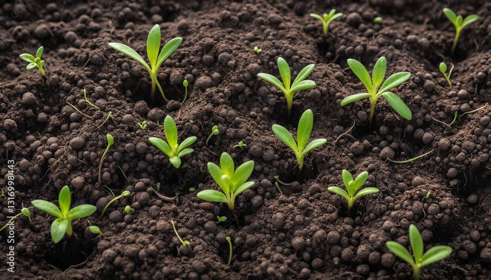 Emerging Green Seedlings in Rich Dark Soil Emerging Green Seedlings in Rich Dark Soil