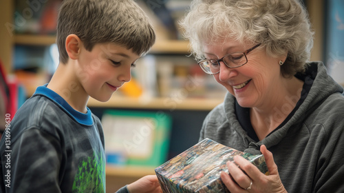 A heartwarming scene showcasing a child and a teacher sharing a joyful moment over a gift, highlighting themes of care, education, and connection in an engaging environment.
