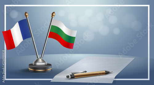 France and Bulgaria National flags on small table with bokeh background, cooperative relationship. Template vector Illustration