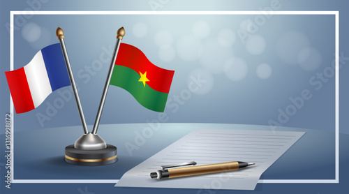 France and Burkina National flags on small table with bokeh background, cooperative relationship. Template vector Illustration