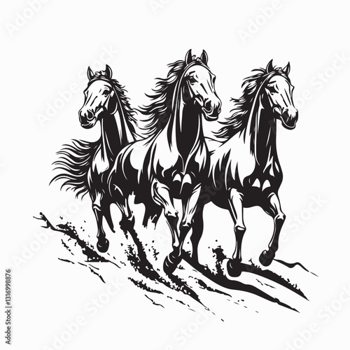 Three Running Horses Image vector. Black and white Running Horses Image vector on white background.