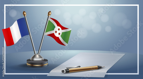 France and Burundi National flags on small table with bokeh background, cooperative relationship. Template vector Illustration