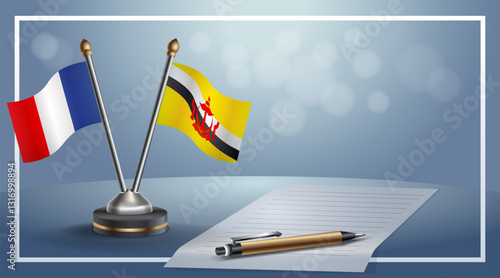 France and Brunei National flags on small table with bokeh background, cooperative relationship. Template vector Illustration