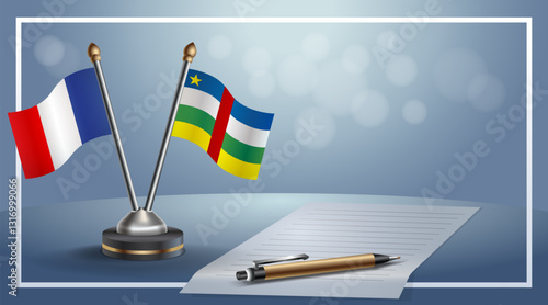 France and Central African Republic National flags on small table with bokeh background, cooperative relationship. Template vector Illustration