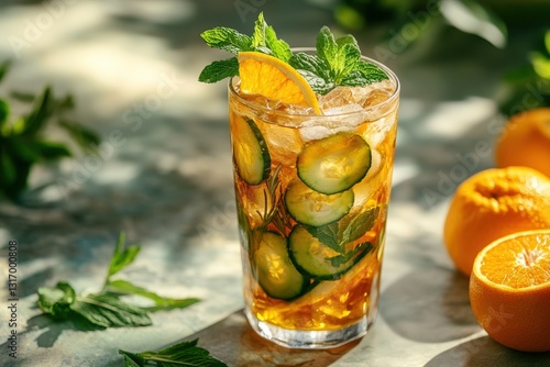 Glistening iced tea in a crystal glass, adorned with a vibrant orange slice perched on its rim. Chilled by sparkling ice cubes, the amber liquid invites refreshing sips photo