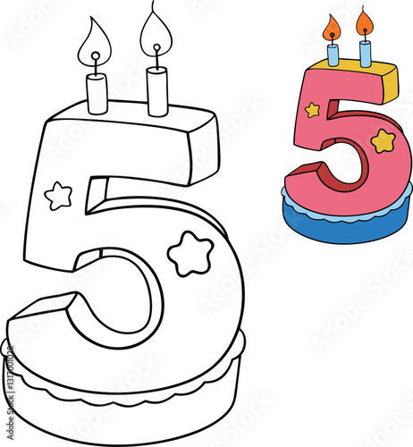 A festive number five-shaped birthday cake, decorated with colorful frosting, sprinkles, and candles. Perfect for celebrating a special fifth birthday in style!