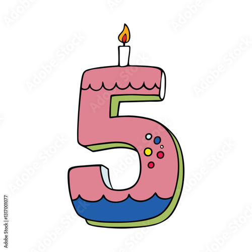 A festive number five-shaped birthday cake, decorated with colorful frosting, sprinkles, and candles. Perfect for celebrating a special fifth birthday in style!