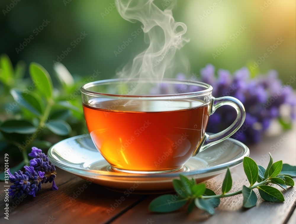 Steaming cup of herbal tea with lavender and eucalyptus leaves Steaming cup of herbal tea with lavender and eucalyptus leaves