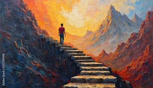 Man on the stairs in mountains