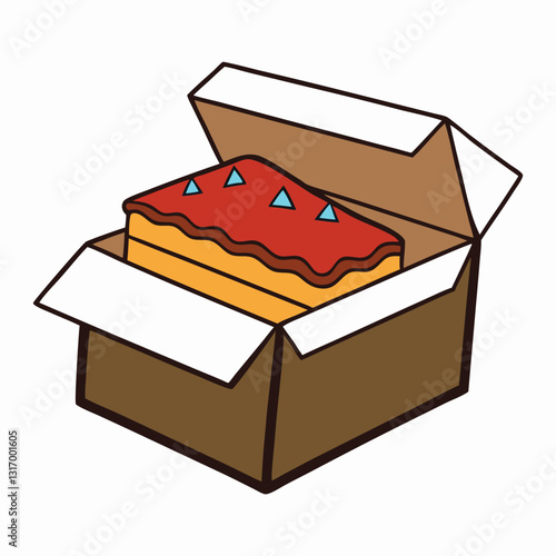 An open box revealing a rich, decadent chocolate cake with a moist texture and glossy frosting, tempting with its irresistible aroma and indulgent sweetness.