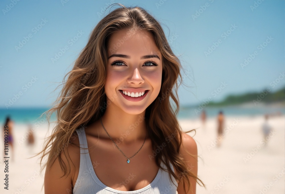 A young woman with long hair and a white tank top smiling on a sunny beach. A young woman with long hair and a white tank top smiling on a sunny beach.