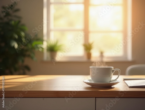 Wallpaper Mural Steaming coffee cup sitting on wooden desk near sunlit window Torontodigital.ca