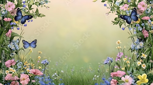 Blue Butterflies and Pink Flowers in a Green Meadow