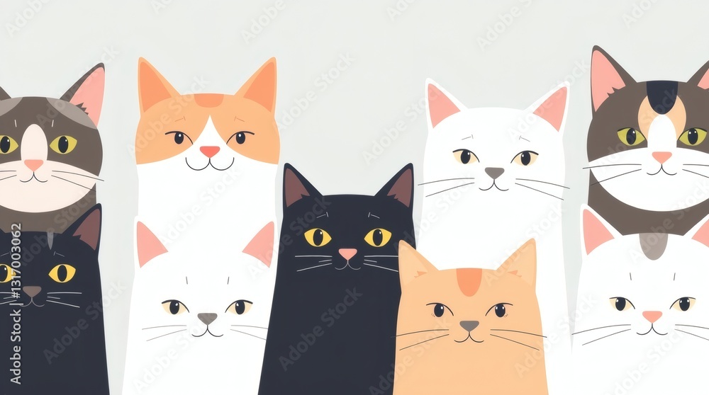 a row of adorable cats with different personalities and colors, looking directly at the viewer. Their expressions range from curious to mischievous. a row of adorable cats with different personalities and colors, looking directly at the viewer. Their expressions range from curious to mischievous.