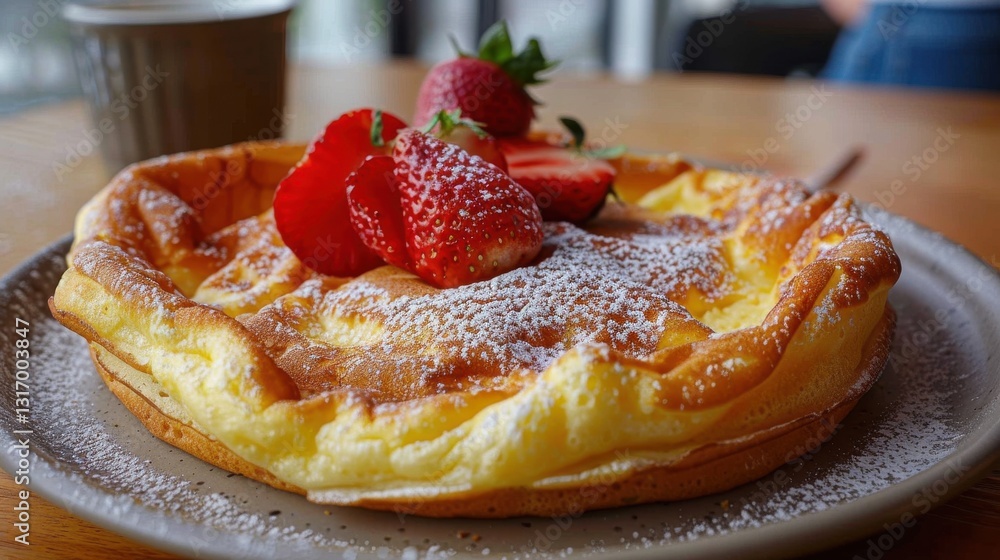 Delicious Fluffy Pancake with Fresh Strawberries and Powdered Sugar on a Wooden Table Delicious Fluffy Pancake with Fresh Strawberries and Powdered Sugar on a Wooden Table