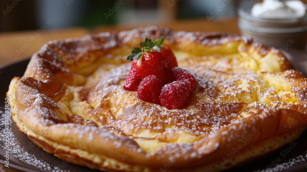 Delicious fluffy pancake with fresh strawberries and raspberries dusted with powdered sugar served on a wooden table Delicious fluffy pancake with fresh strawberries and raspberries dusted with powdered sugar served on a wooden table