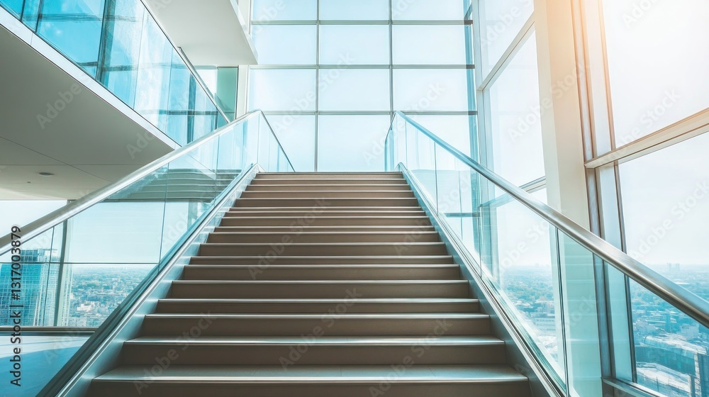 Obraz premium Modern glass-railed staircase ascending to a bright, panoramic view
