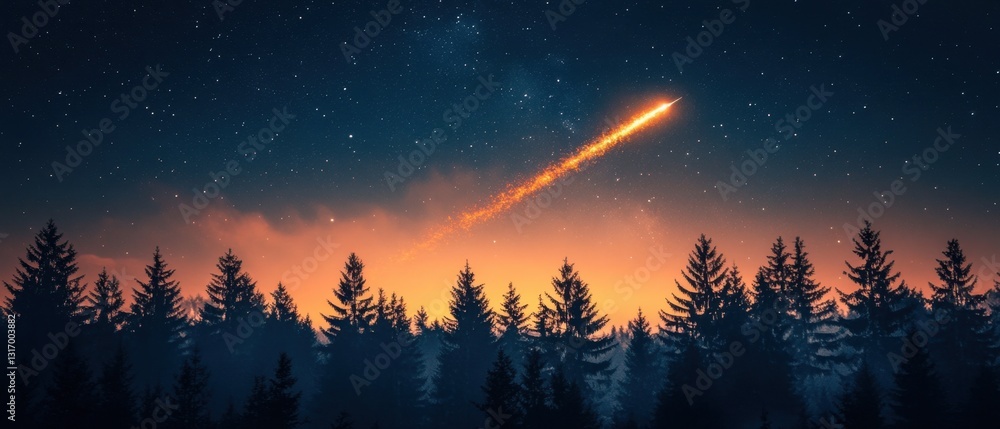 Obraz premium Majestic Meteor Shower Display Over Tranquil Forest Silhouette Under Starry Night Sky Captivating Celestial Event