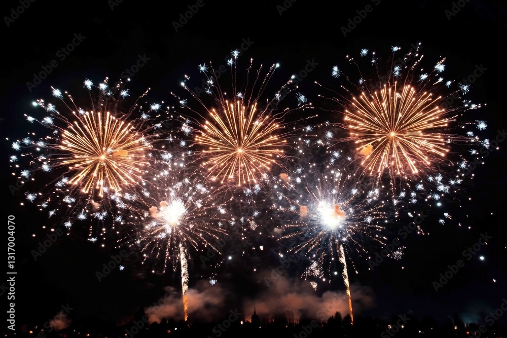 Captivating display of golden fireworks illuminating the night sky with vibrant bursts of light celebration Captivating display of golden fireworks illuminating the night sky with vibrant bursts of light celebration