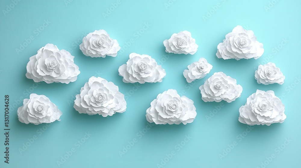Obraz premium Dreamy sky with fluffy white paper clouds on a light blue background creating a serene and calming atmosphere perfect for wallpapers and backgrounds