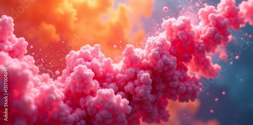 Swirling clouds of pink and orange colorants disperse in mid-air, vibrant colors, colorful cloud