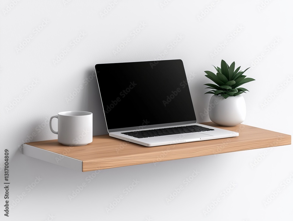 Fototapeta premium Modern Laptop and Mug on Minimalist Shelf with Succulent in Bright Workspace Atmosphere