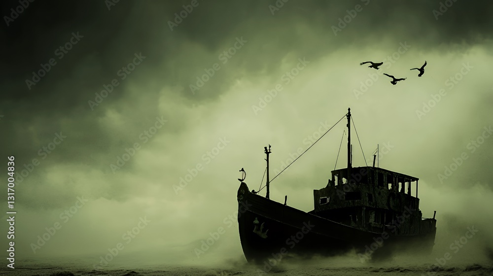 Fototapeta premium Silhouetted Ship in a Dark Stormy Sea