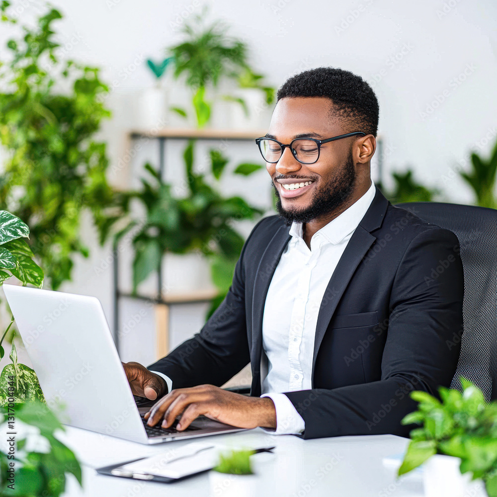 Smiling man working on a laptop in a green office space. Smiling man working on a laptop in a green office space.