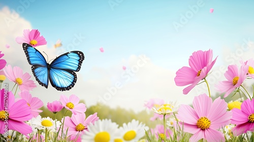 Blue Butterfly Flying Over Pink Cosmos Flowers in Sunny Meadow