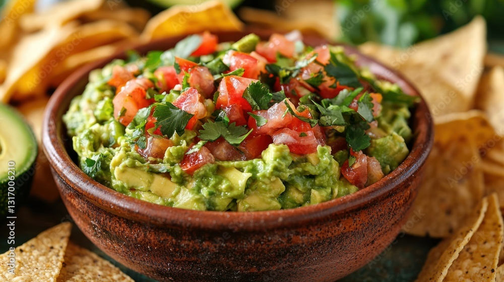 Fresh Guacamole with Toppings on Tortilla Chips Fresh Guacamole with Toppings on Tortilla Chips