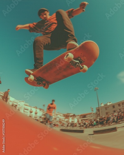 a skateboarder performing a daring aerial trick on his skateboard against the blue sky