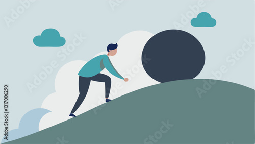 Pushing a Rock Uphill A figure is seen struggling to push a boulder labeled low selfesteem uphill portraying the additional effort required to overcome selfimposed obstacles to