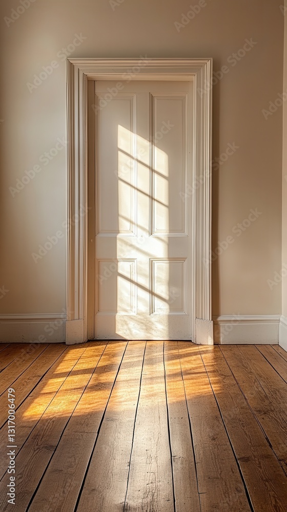 Fototapeta premium Sunlight Streaming Through a White Doorway Casting Shadows on a Wooden Floor Creating a Warm and Inviting Interior Space with a Classic Design