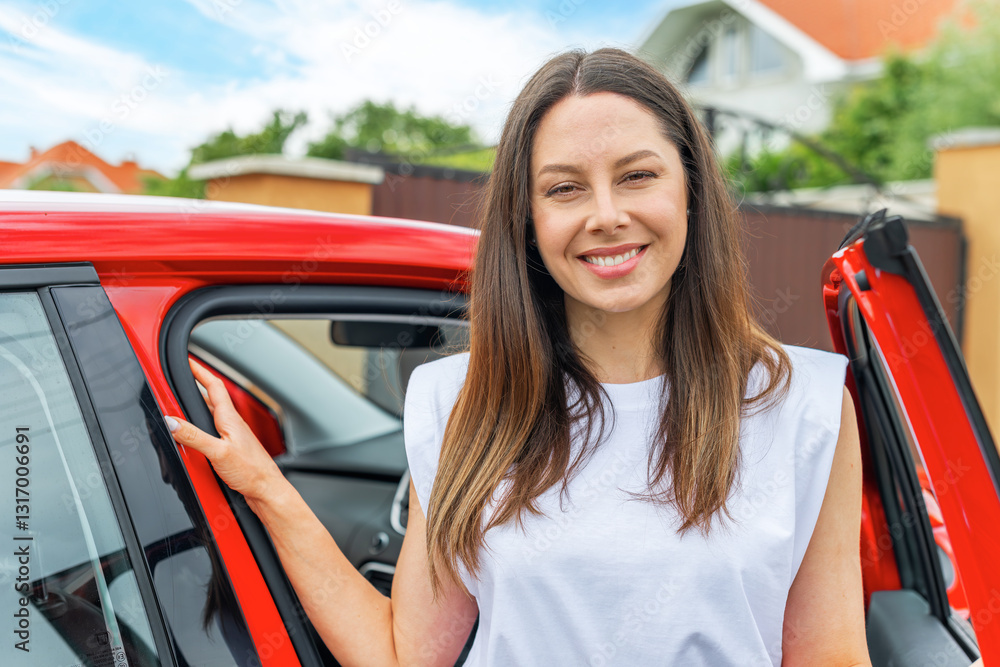 A smiling brunette woman in a white shirt and black jeans stands next to a red car with the door open, enjoying the fresh air and scenic countryside on a sunny day.