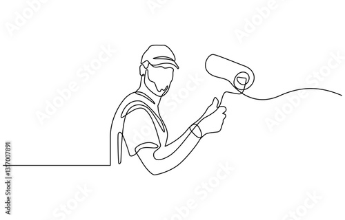 Continuous one line drawing of paint the walls in the room, Painter paints a wall with a roller, worker in uniform one line art.Continuous line drawing of repair, professional, people, concept.