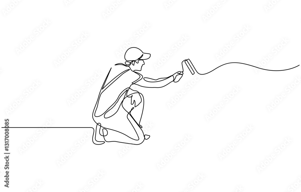 Continuous one line drawing of paint the walls in the room, Painter paints a wall with a roller, worker in uniform one line art.Continuous line drawing of repair, professional, people, concept. Continuous one line drawing of paint the walls in the room, Painter paints a wall with a roller, worker in uniform one line art.Continuous line drawing of repair, professional, people, concept.