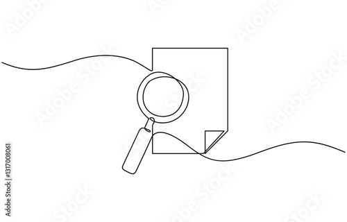 One continuous line drawing of magnifying glass and document, Business analysis concept, continuous line drawing clipboard with magnifying glass.