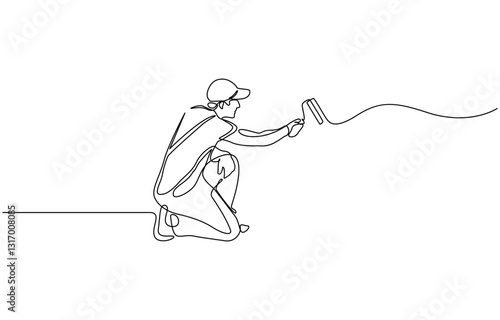 Continuous one line drawing of paint the walls in the room, Painter paints a wall with a roller, worker in uniform one line art.Continuous line drawing of repair, professional, people, concept.