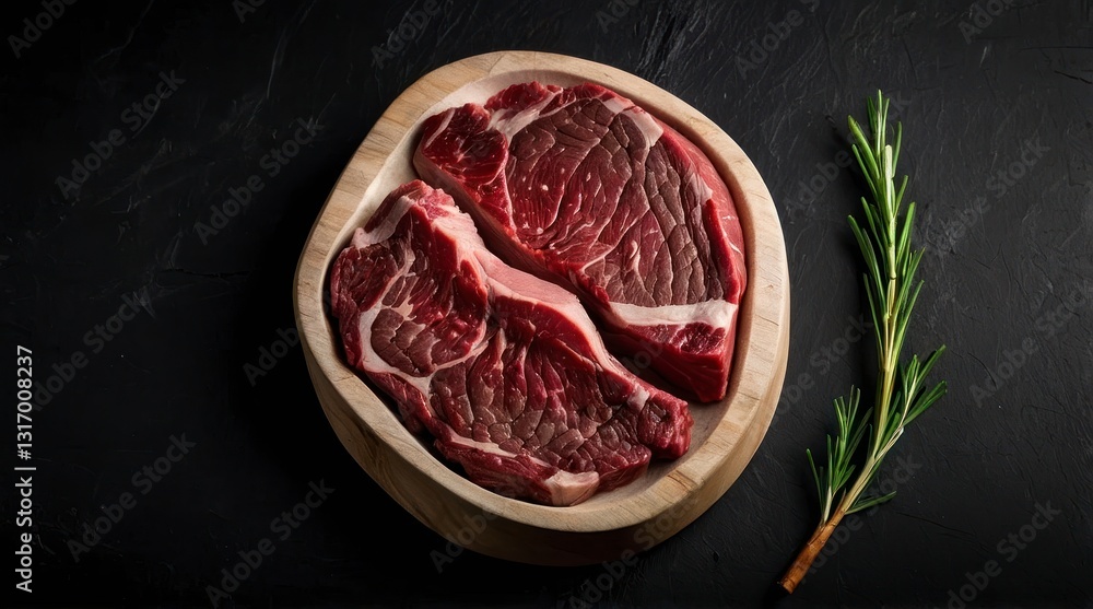 Juicy Raw Steaks on Wooden Board with Rosemary Juicy Raw Steaks on Wooden Board with Rosemary