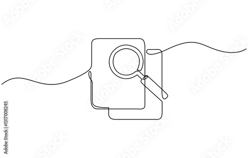 One continuous line drawing of magnifying glass and document, Business analysis concept, continuous line drawing clipboard with magnifying glass.