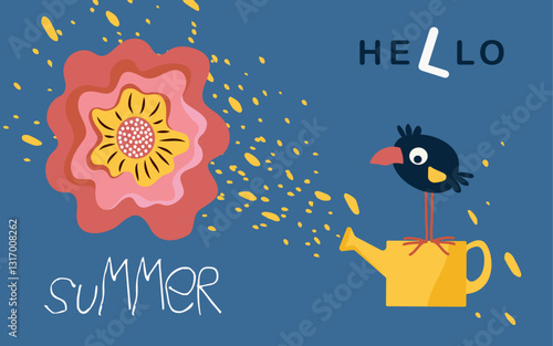 Children’s primitive illustration on the theme of Hello summer