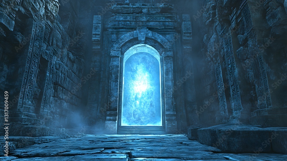 Fototapeta premium 30. **A glowing portal opening in the middle of an ancient temple, revealing another dimension**