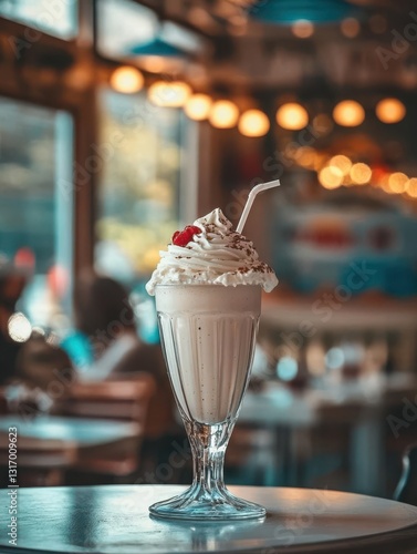 Creamy milkshake with whipped cream and cherry served in a retro diner with blurred background