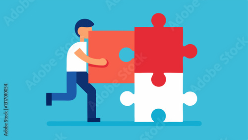 Puzzle Pieces A character trying to fit two mismatched puzzle pieces together symbolizing the struggle to make sense of conflicting beliefs or values.